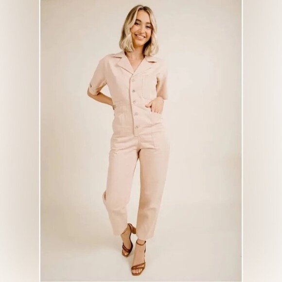 Vinnie Louise Jumpsuit Cotton Utility Suit Cream NWT Size Medium - Picture 1 of 10